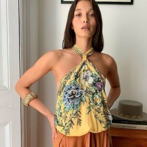 free people higher love halter yellow floral bubble hem sleeveless summer blouse
